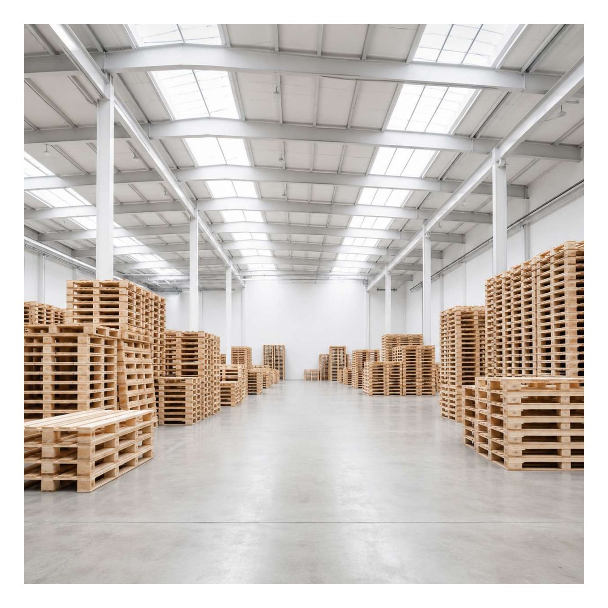 Stacked wooden pallets in a warehouse